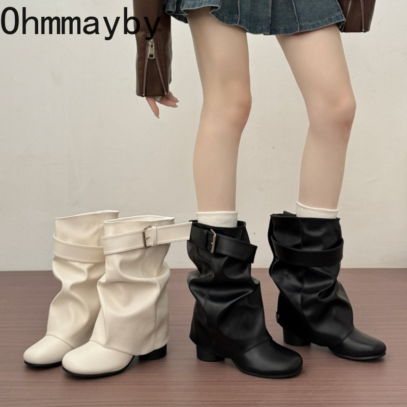 Street Fashion Female - New Women Slouchy Mid Calf Leather