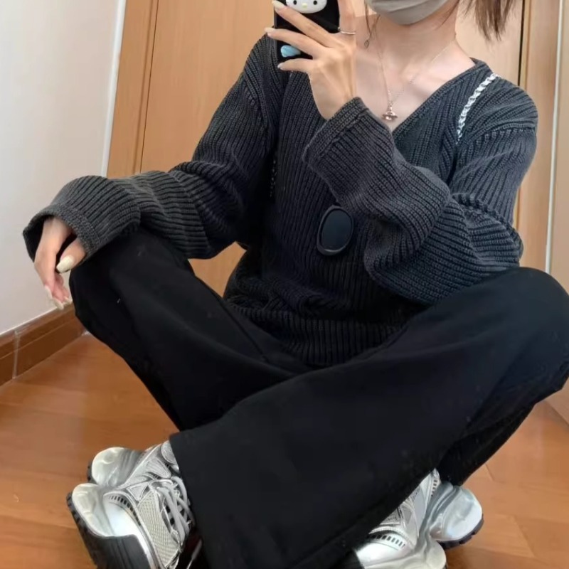 V-neck Washed Solid Color Casu - đánh giá và giá Street Fashion Winter 2025
